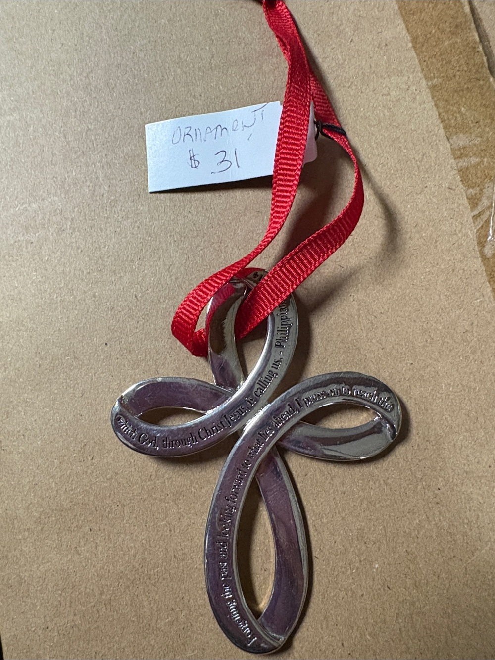 Premier Designs Silver Cross Ornament with Red Ribbon